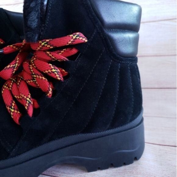 Aquatalia Suede Leather Faux Fur Hiking Outdoor Boots Booties Lace Up Black - Picture 5 of 13